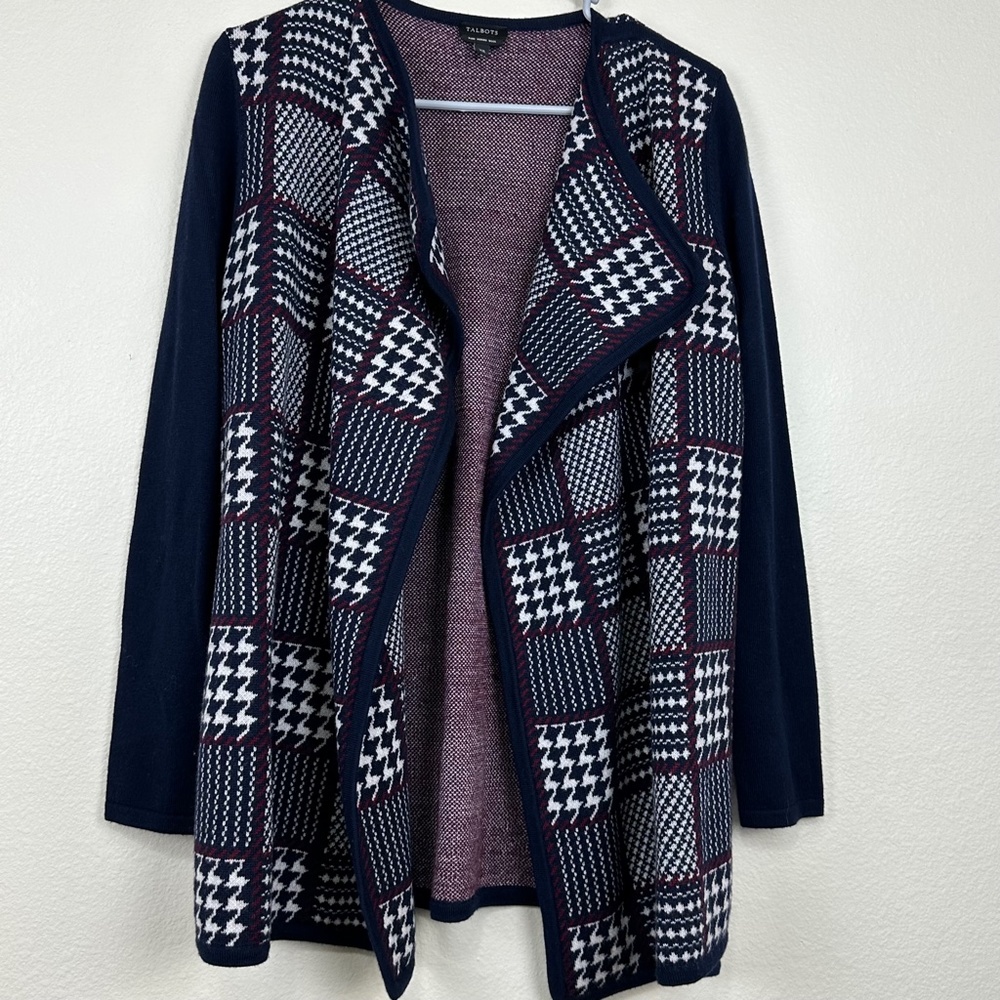 Talbots Womens XS 100% Merino Wool Houndstooth Plaid Cardigan Sweater Blue - Picture 3 of 4